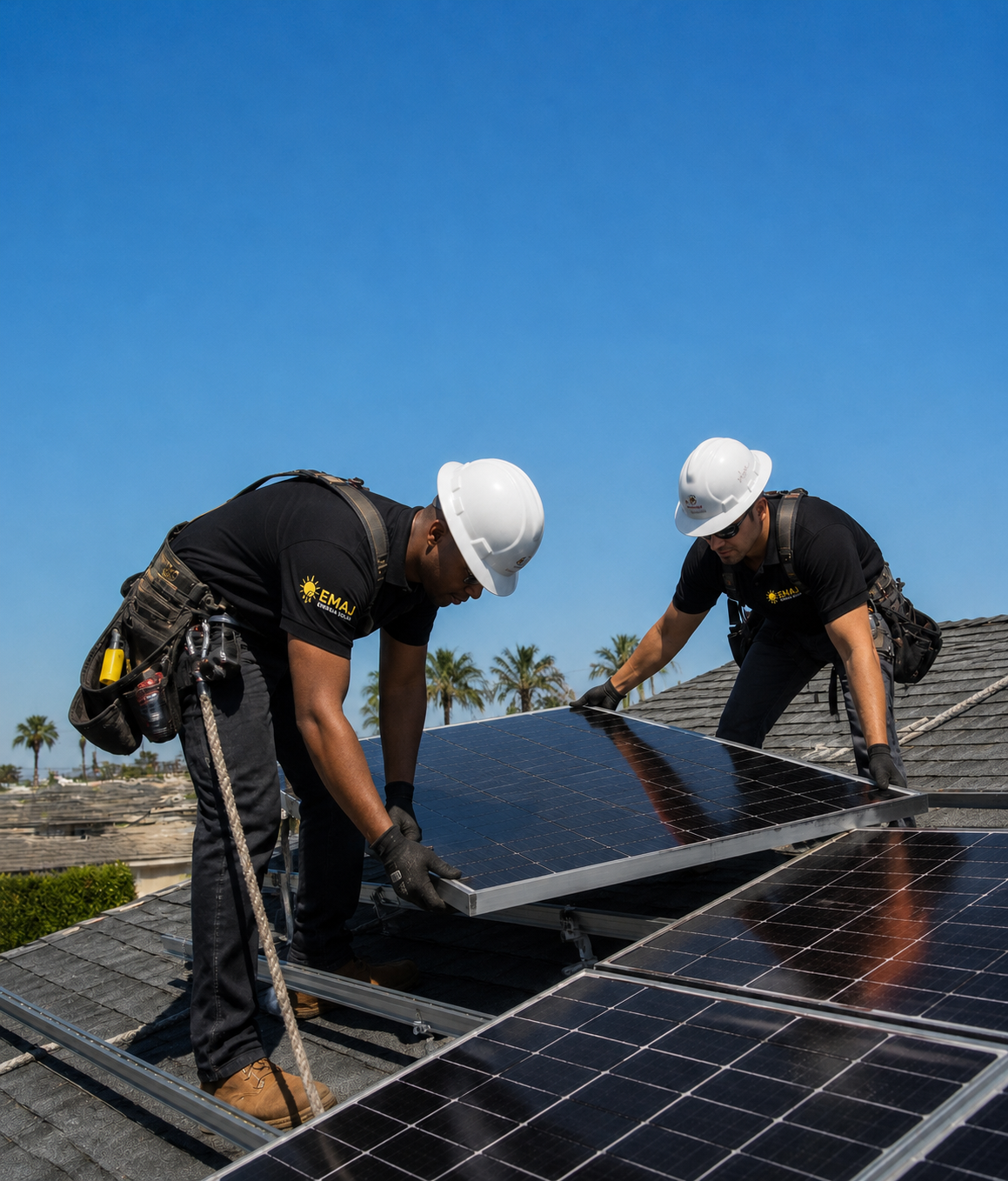 Equipe técnica EMAJ instalando painéis solares em telhado residencial